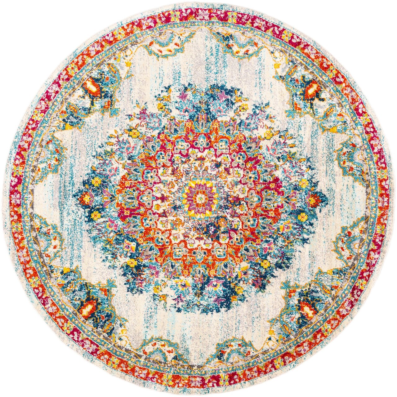 Tiwari Home 5.25' Persian Mandala Designed Gray and Orange Round Area Throw Rug